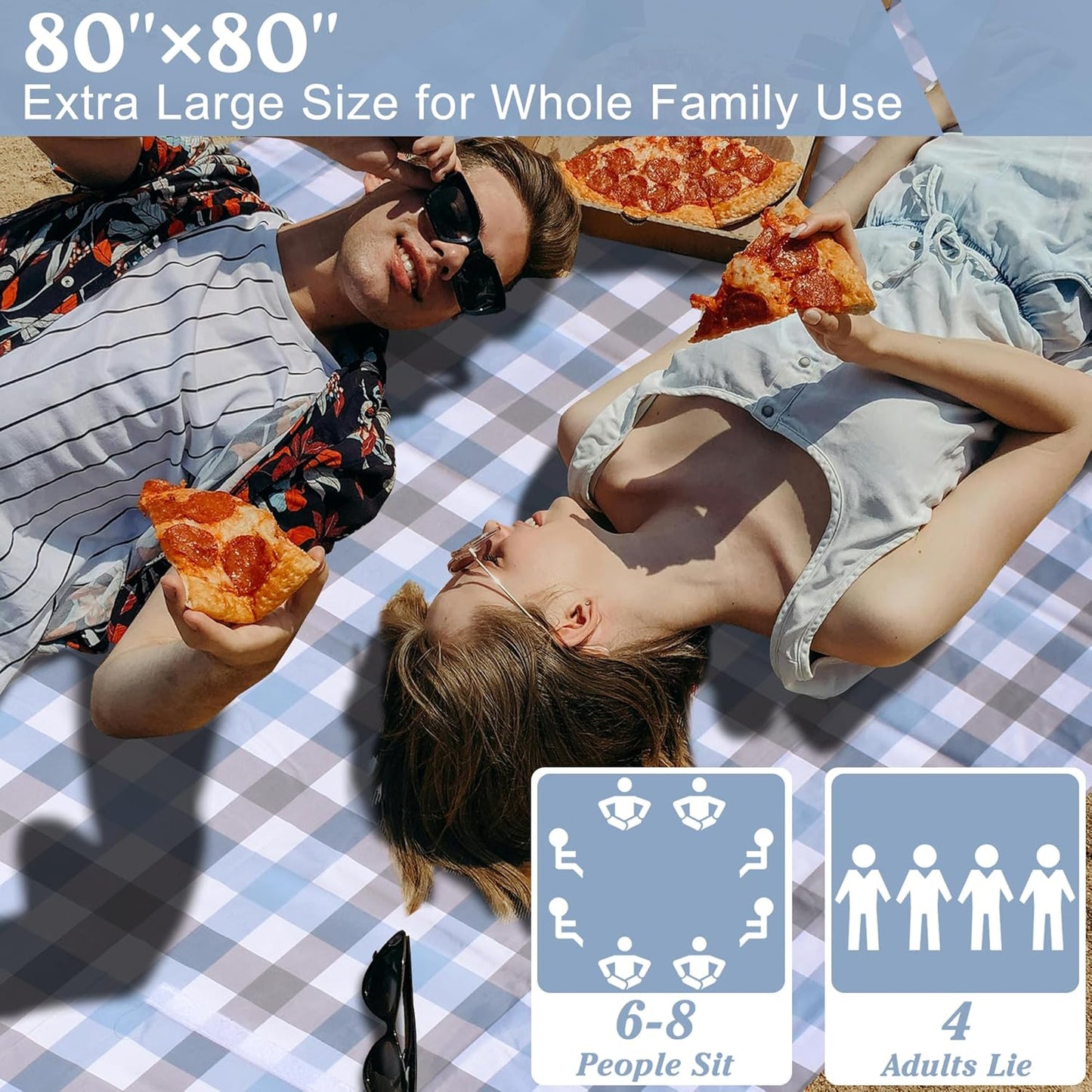 80"x80" Extra Large Waterproof Outdoor Mat - Sandproof Foldable Picnic Blanket for Family Camping, Backyard, Beach Parties - Heavy Duty & Easy Storage (Blue&Gray)