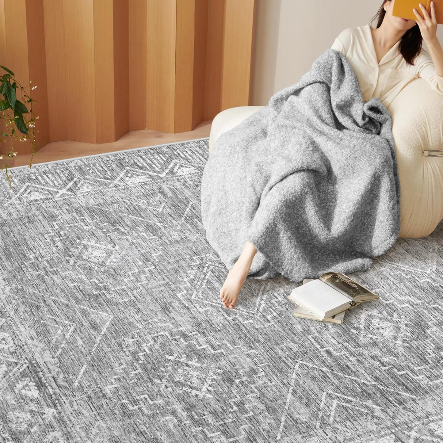 Large Living Room Area Rug 9x12 - Machine Washable Vintage Boho Moroccan Rugs Geometric Neutral Rug Non-Shedding Low Pile Distressed Farmhouse Carpet for Bedroom Nursery Classroom Dorm (9 x 12, Grey)