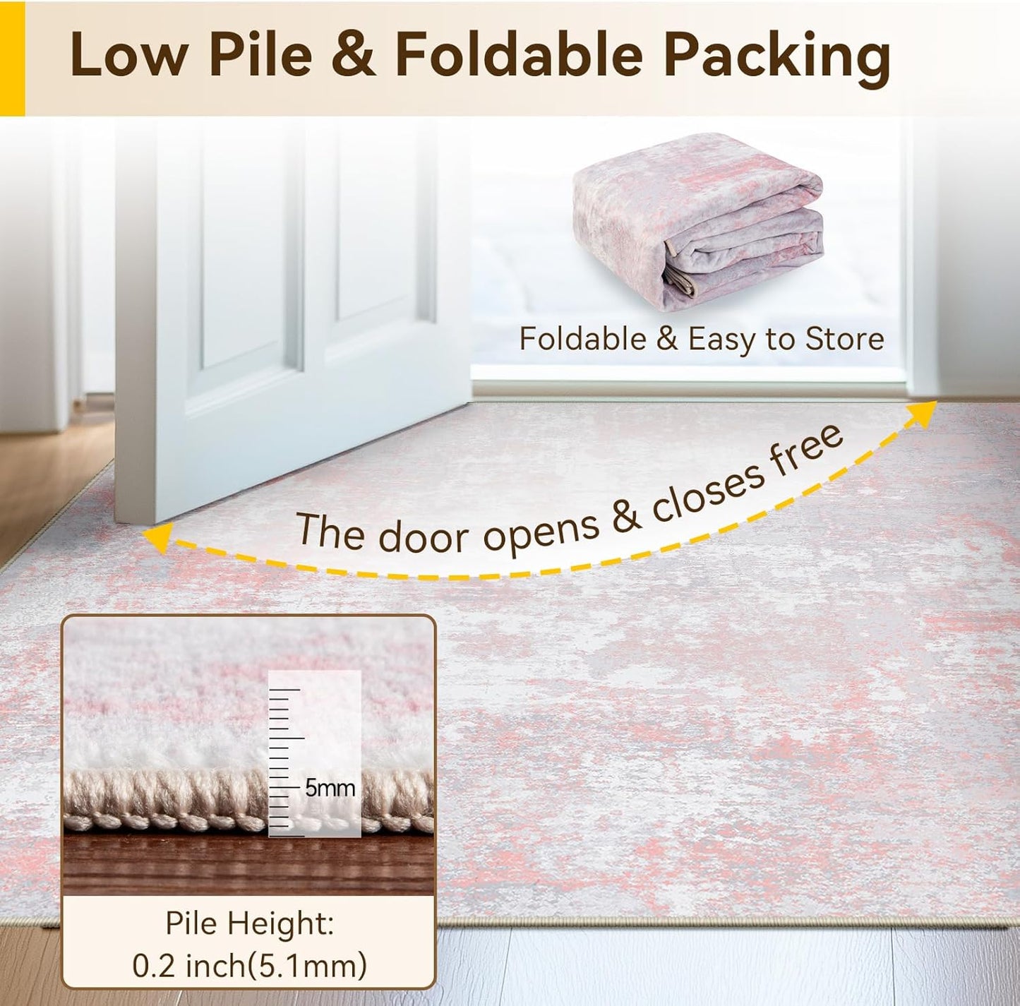 Washable Area Rugs 4ft Non-Slip Modern Abstract Soft for Living Room Entryway Bedroom Nursery, Print Pattern, Grey Pink