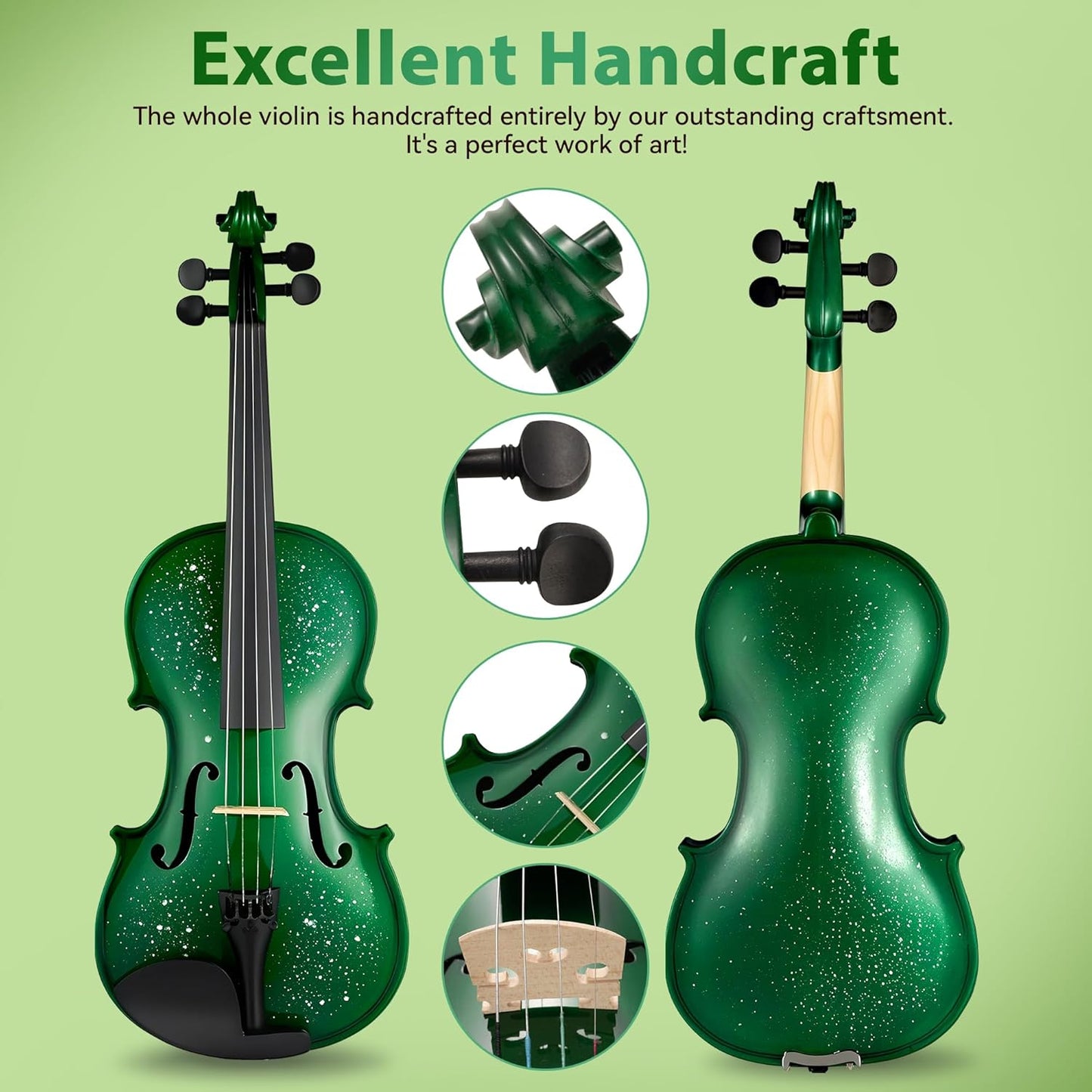 Poseidon Violin for Beginner, Full Size Violin Set for Kids Student with Hard Case, Extra 4/4 Strings Set, Violin Bow, Horse Bridges, Rosin, Shoulder Rest, Clip-on Tuner, Manual - Green Glossy