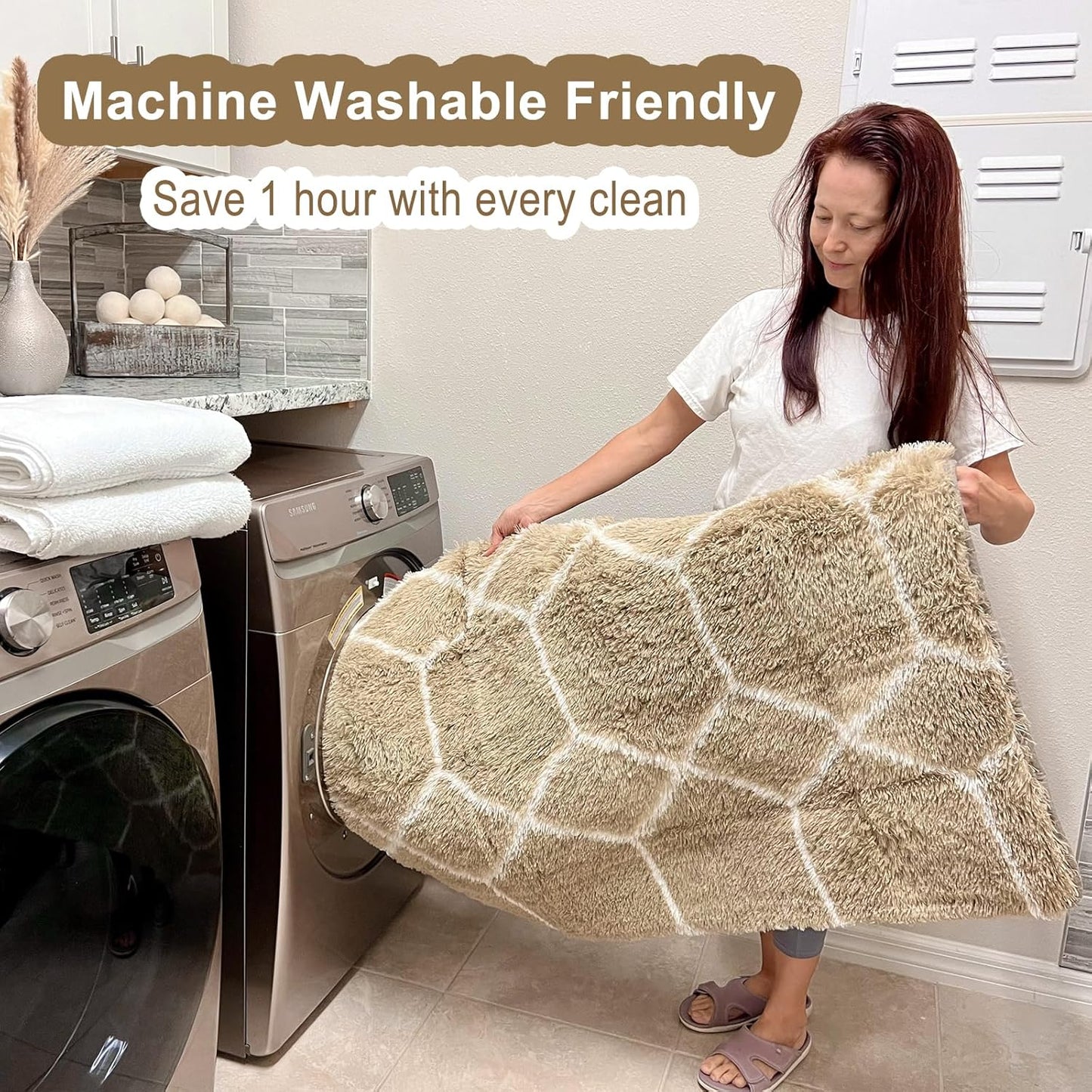 ONASAR Large Area Rugs for Living Room, Fluffy 7x10 Beige and White Thick Floor Rug for Bedroom Home Decor Aesthetic, Soft Fuzzy Shaggy Plush Geometric Carpet for Kids Teen Dorm Classroom Office