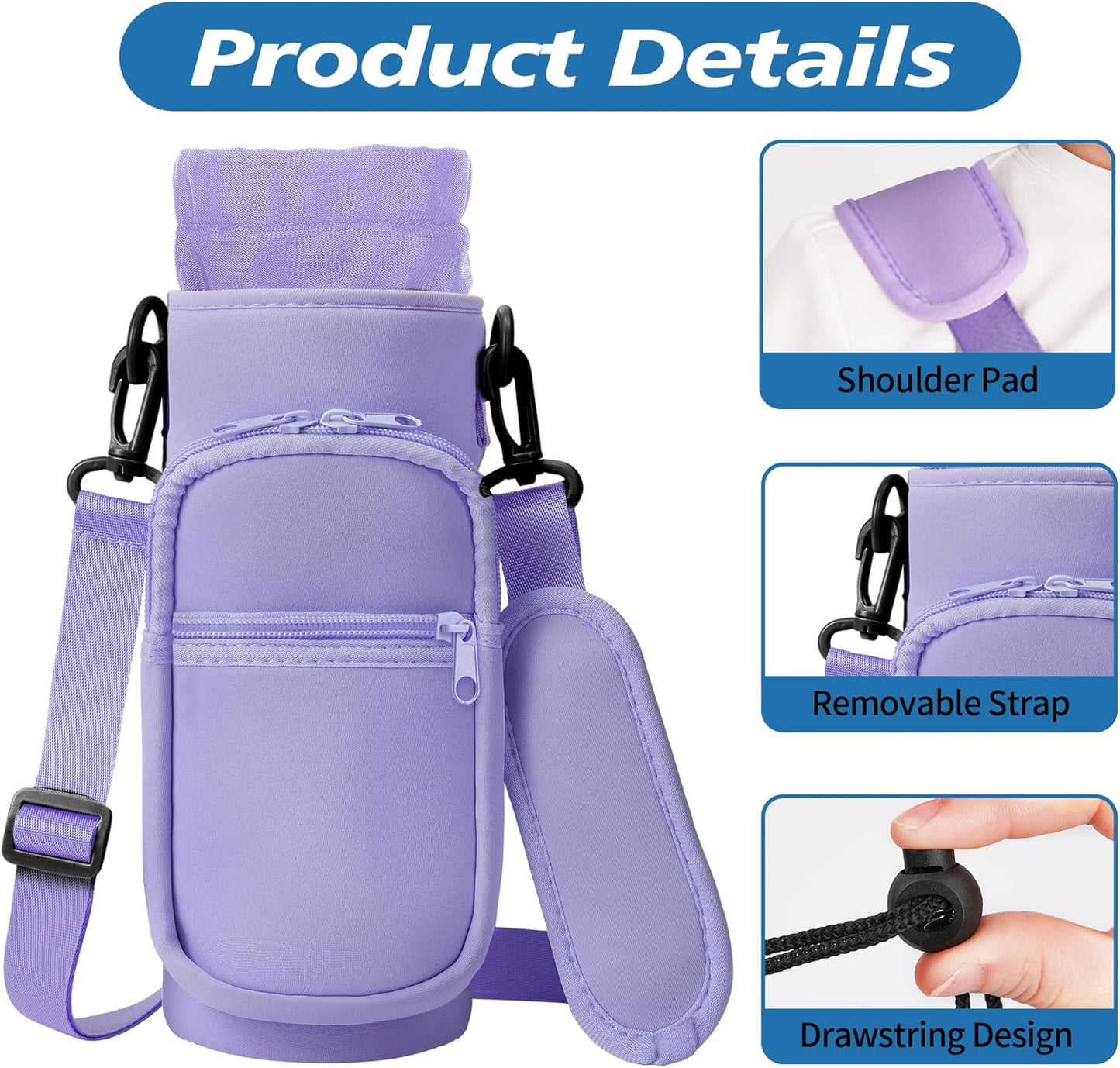 32 40 oz Water Bottle Carrier with Strap, Neoprene Water Bottle Sleeve Bag with 2 Pockets Insulated Flask Sling Holder for Walking Hiking Gym