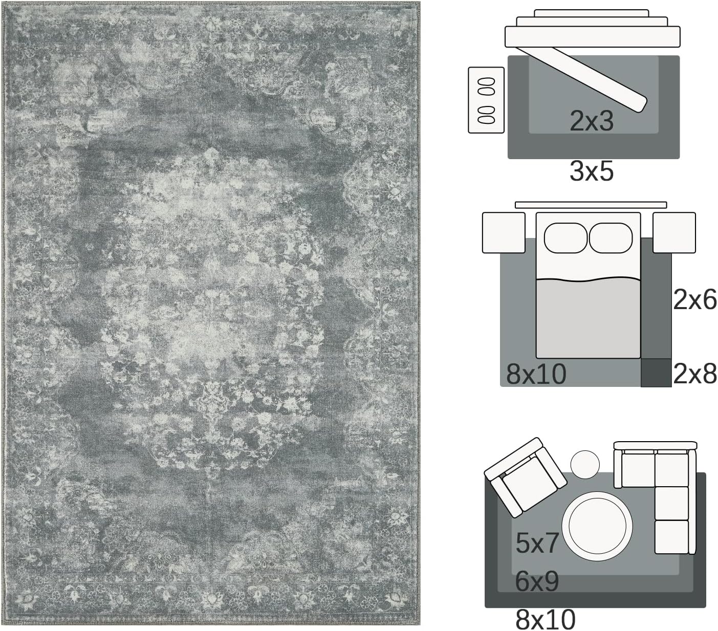 jinchan Washable Area Rug 8x10 for Living Room - Soft Faux Wool Ultra-Thin Stain Resistant Non-Slip Distressed Vintage Floral Large Carpet for Bedroom,Dining Room,Home Office,Nursery(Grey, 8'x10')