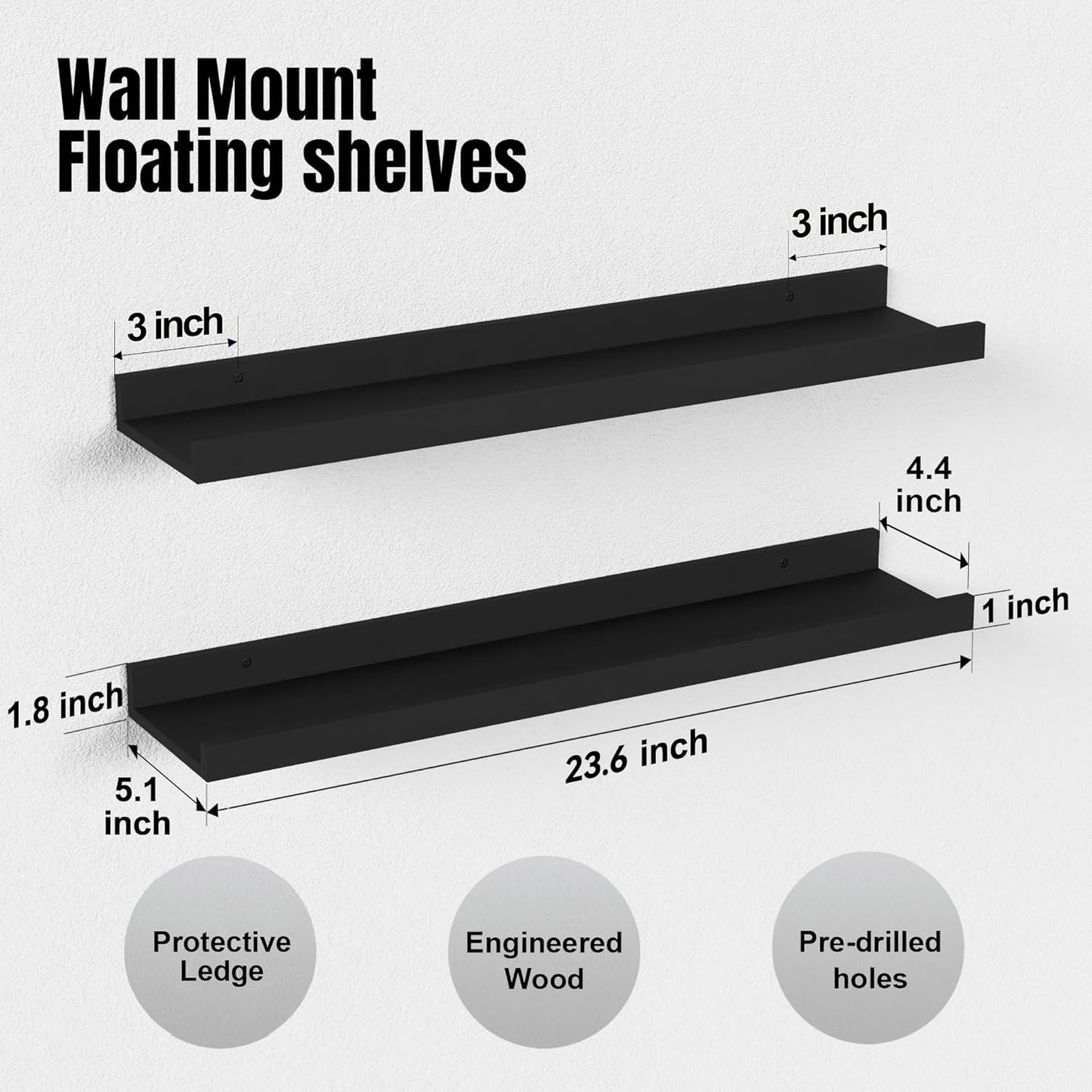 Long Floating Shelves, 2 Set Modern Black Wall Shelf for Bedroom, Nursery Book Shelf with Lip, Picture Ledge Shelf for Living Room Bathroom Kitchen - Black,23.6 In