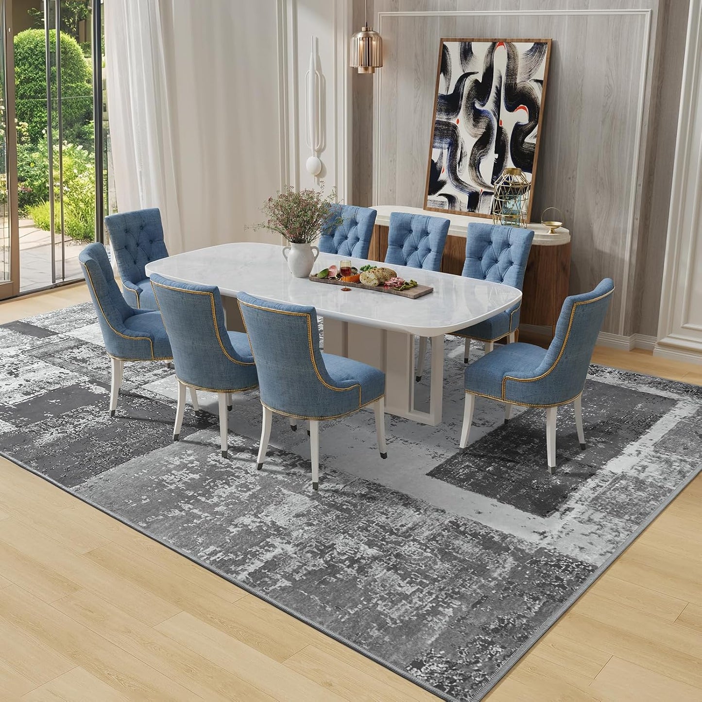 LOCHAS Rug for Living Room, Washable Soft Area Rugs for Bedroom 8x10, Abstract Carpet for Indoor Office Kids Dining Room Nursery Floor, Grey Geometric Vintage Home Decor, Non Slip, Pet Child Friendly