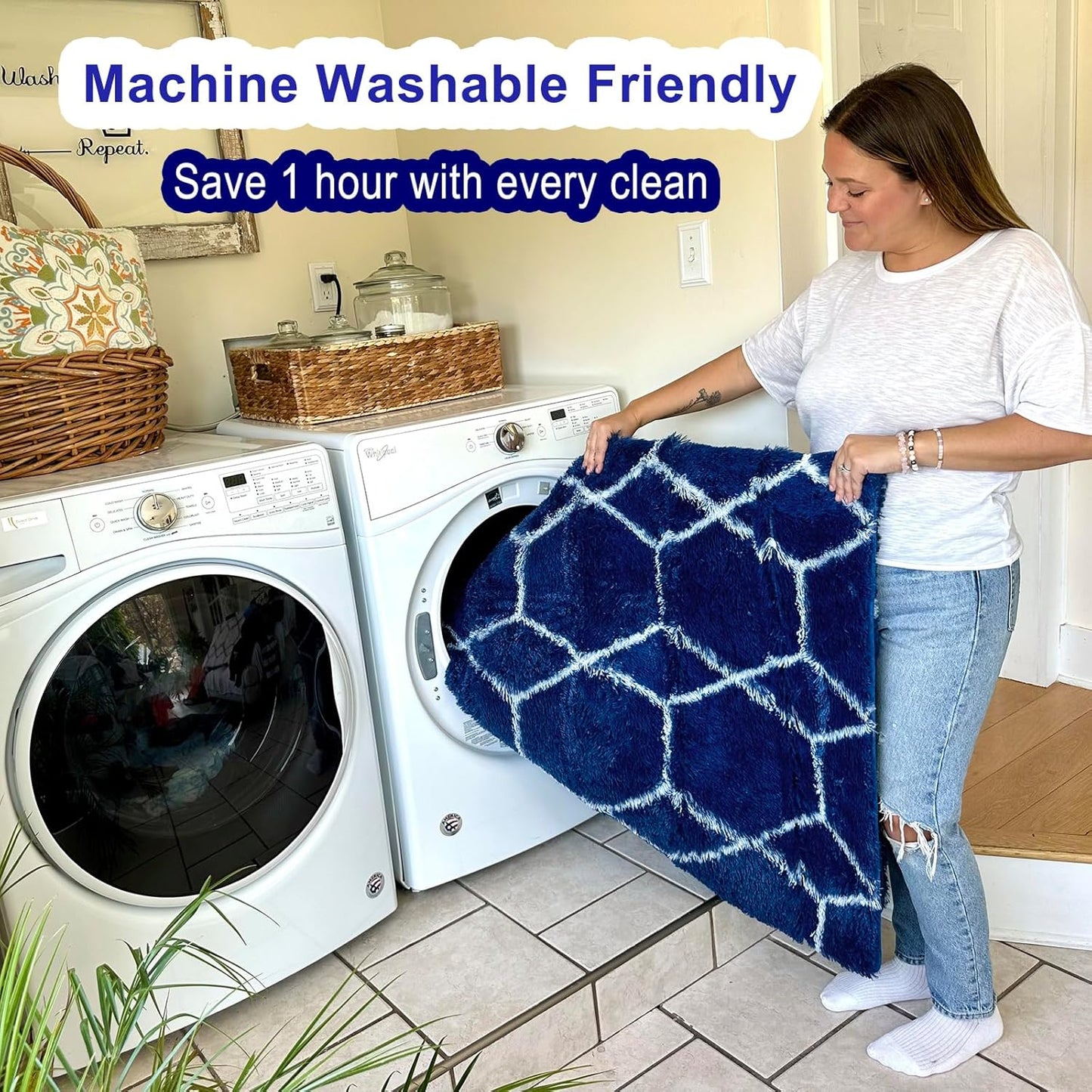 ONASAR Area Rugs for Bedroom Living Room, Washable 4x6 Fluffy Navy Blue and White Throw Rug for Home Decor, Geometric Soft Shaggy Plush Floor Carpet for Kids Girls Boys Teen Nursery Dorm Office