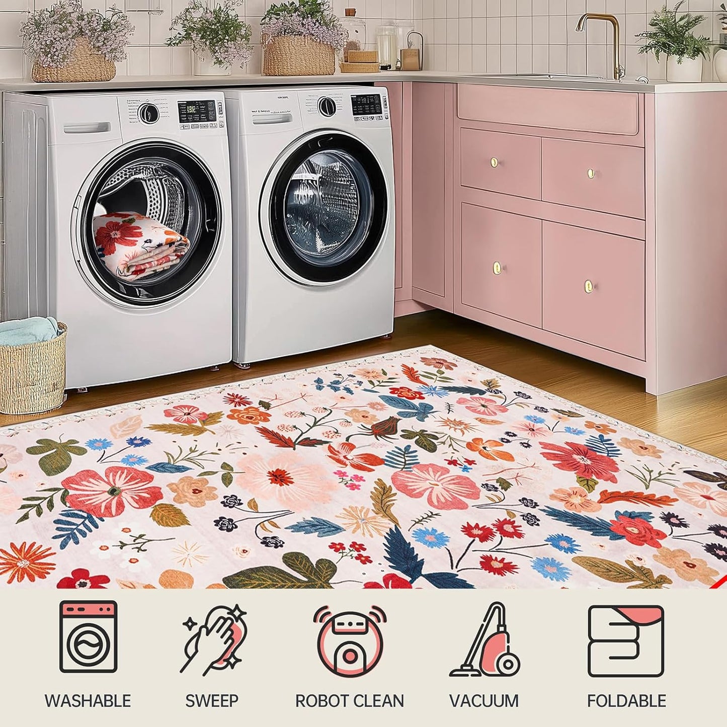 Area Rugs 4x6 for Living Room Machine Washable Non Slip Sound Absorbing Soft Faux Fur Low Pile Carpet Rugs Beige Boho Floral Rug for Living Room Bedroom Kids Room College Dorm Dining Room