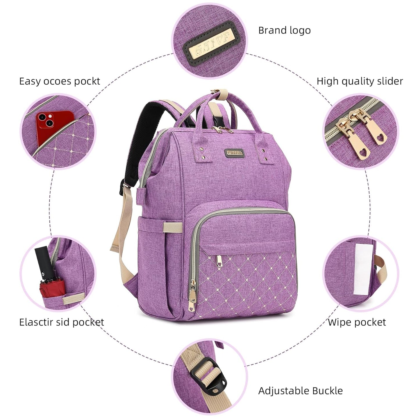 Diaper Bag Backpack, Diaper Bags for Baby Girls Boys, Baby Bags for Moms Dads, Nappy Changing Bag with Insulated Pockets,Multi-functional Waterproof Backpack with Stroller straps-Purple