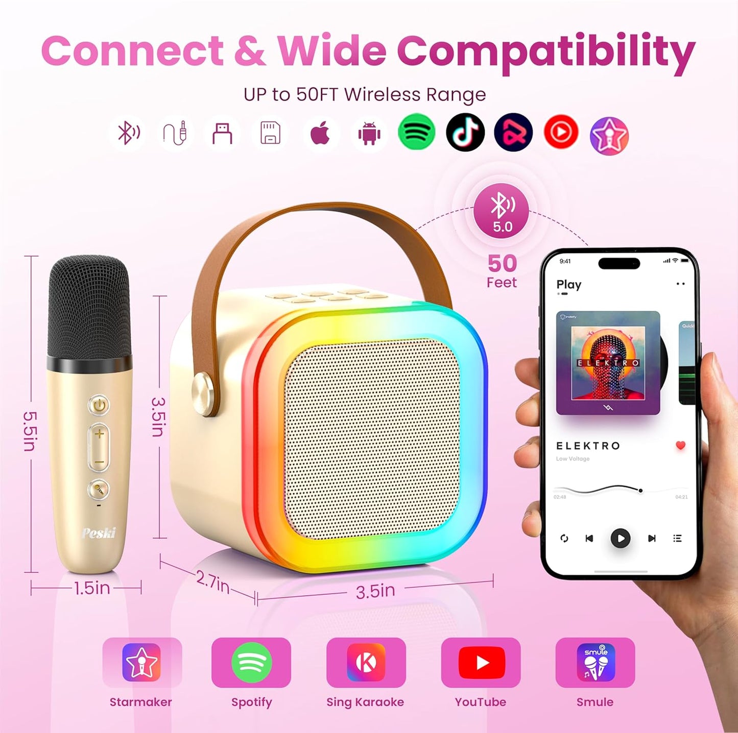 Karaoke Machine for Kids Adults, Portable Bluetooth Mini Karaoke Microphone Singing Speaker Karaoke Player with 2 Wireless Mic, for All Smartphones,Birthday, Family,Home Party (Gold)