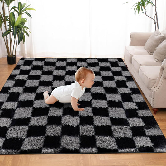 Super Soft Rug for Bedroom, 5x7 Ft Grey and Black Area Rug Classic Checkered Shaggy Rug Anti-Skid High Pile Soft Fluffy Fuzzy Carpet for Living Room Bedroom Kids Room Nursery, Dorm Home Decor