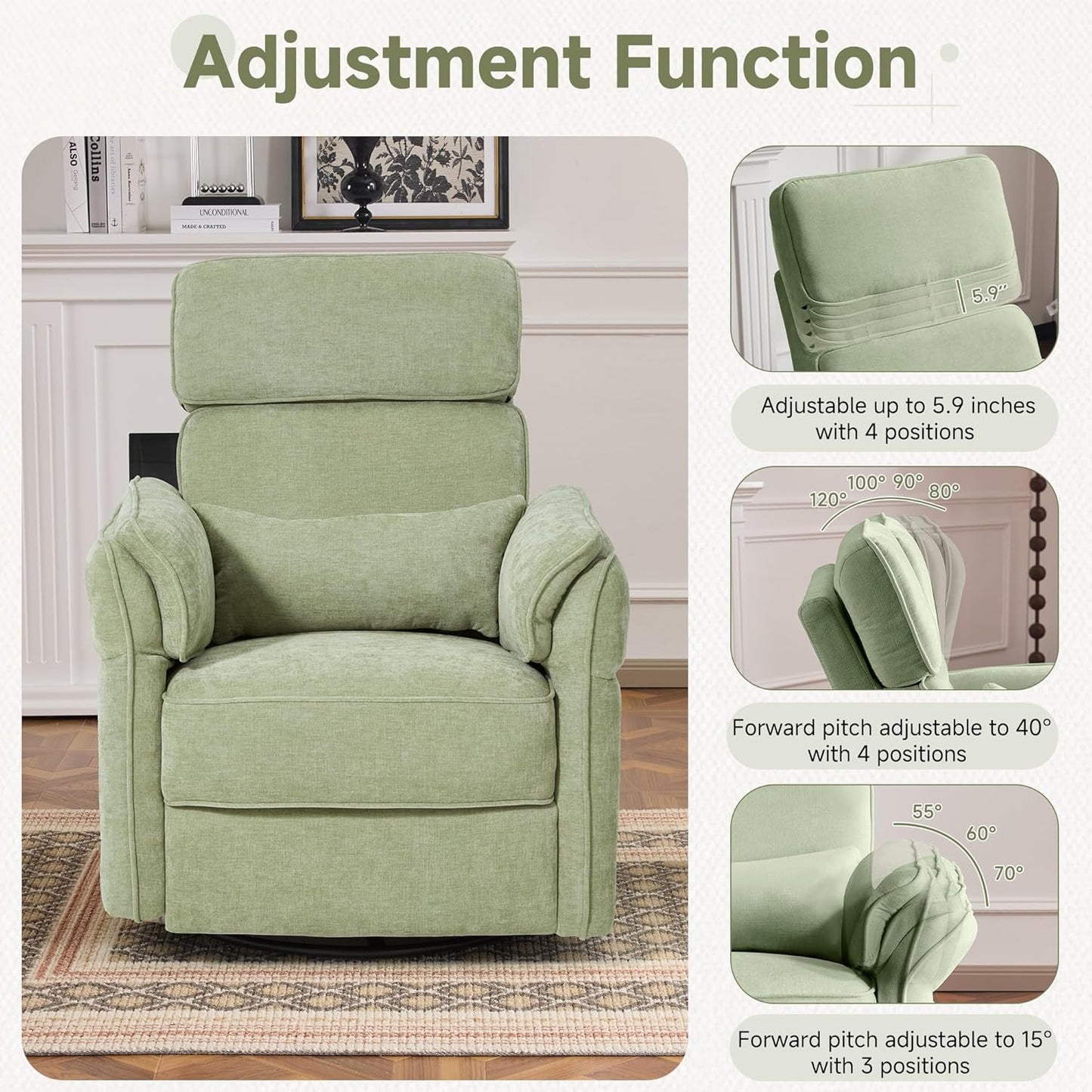 MELLCOM Power Recliner Rocking Chair Nursery Gliders with Adjustable Armrests and Headrest, Swivel Electric Glider Reclining Nursing Chair with USB Port and Storage Bags, FSC Certified(Fabric, Green)