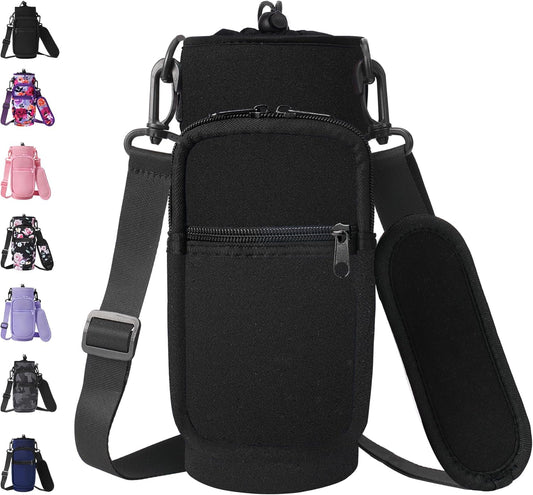 32 40 oz Water Bottle Carrier with Strap, Neoprene Water Bottle Sleeve Bag with 2 Pockets Insulated Flask Sling Holder for Walking Hiking Gym