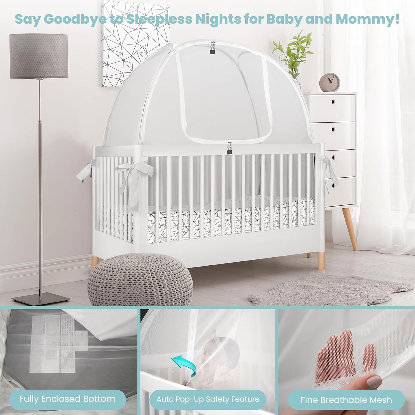 Breathable Mesh Crib Tent to Keep Baby from Climbing Out, Crib Net Canopy with Auto-Lock Zipper and Safety Latch, Crib Net to Keep Baby in, Crib Cover for Safety (Mosquiteros para Cunas de Bebes)