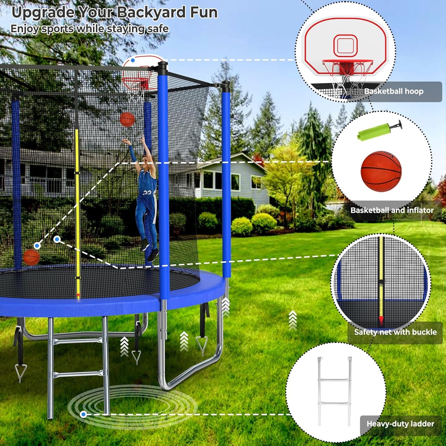 Upgraded 10/12/14/15/16FT Trampoline Outdoor, Large Kids Trampoline with Light, Stakes, Sprinkler, Backyard Trampoline with Basketball Hoop and Net, Capacity for 4-6 Kids and Adults