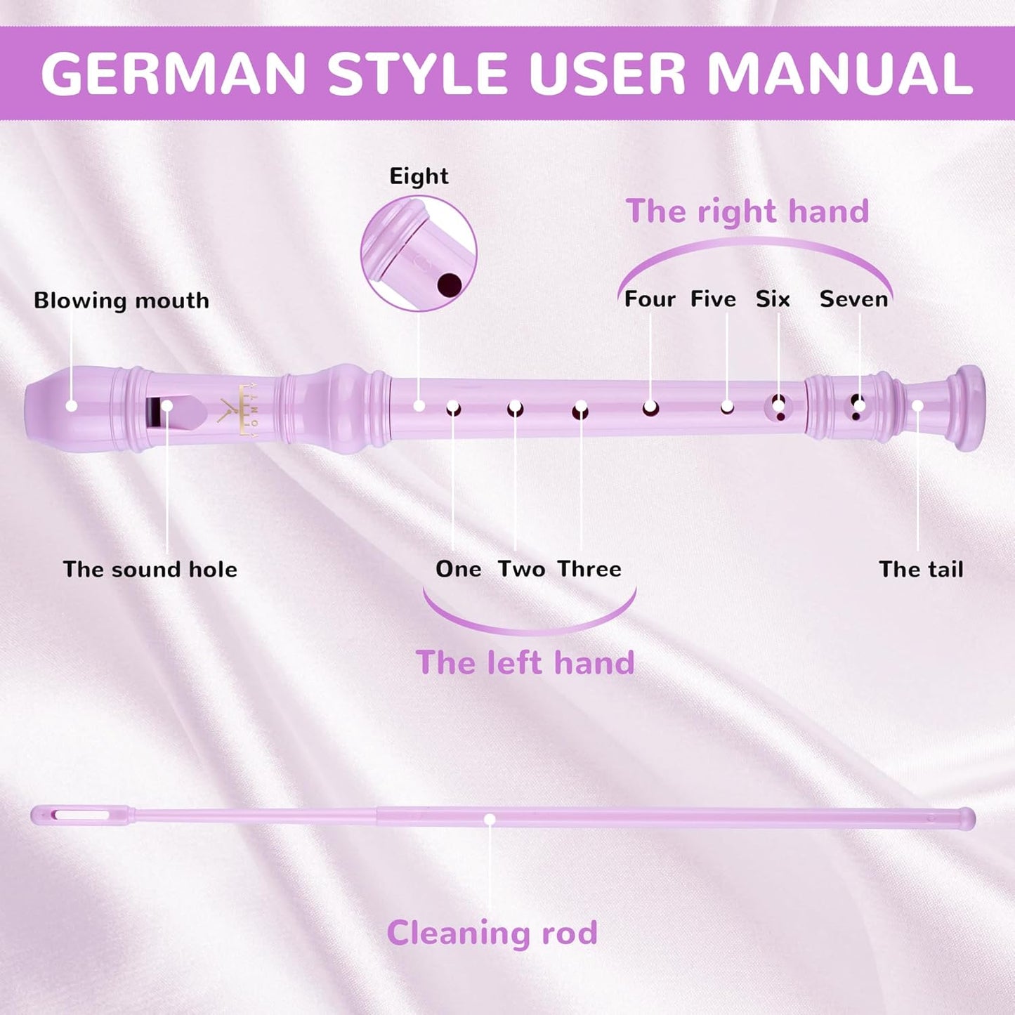 Soprano Recorder 8-Hole Instrument for Kids Beginners, German Style C Key Kids Flute with Cleaning Rod & Case Bag for School Education Home Entertainment - Pink