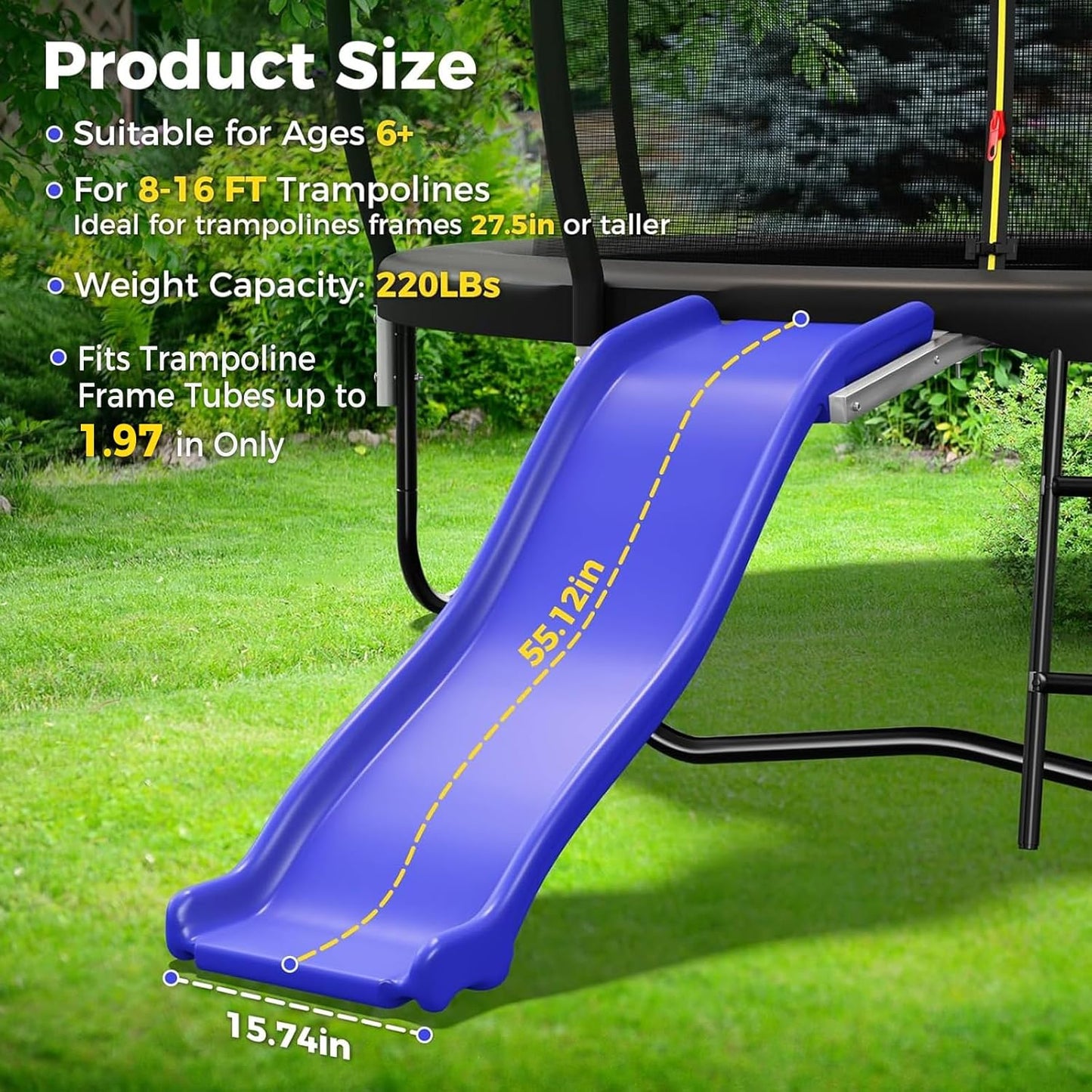 Plastic Trampoline Slide for 8-16FT, Heavy Duty Outdoor Slide for Trampoline, Safe Trampoline Ladder for Kids 6+, 220 LBs Capacity, Blue