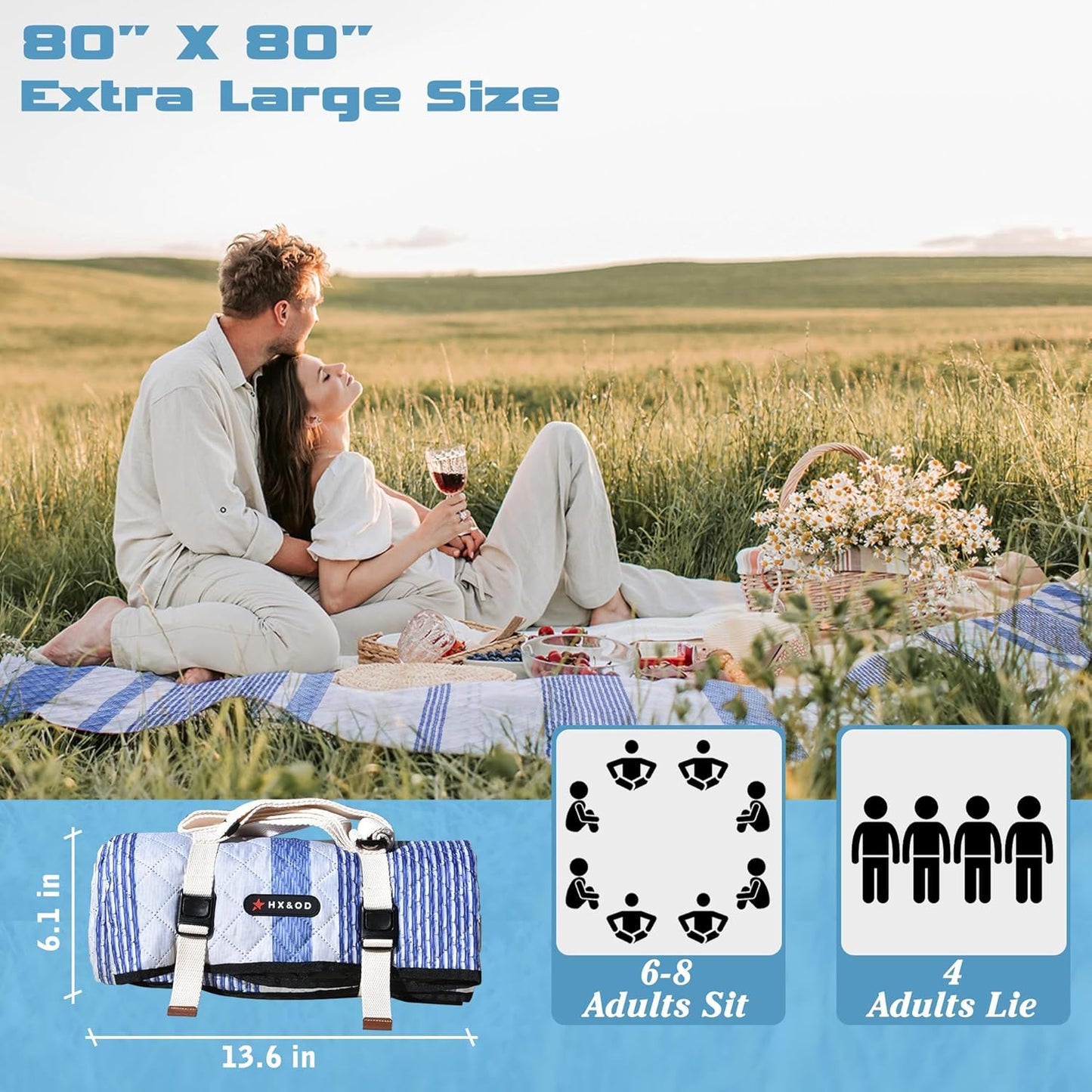 Waterproof Picnic Mat, Outdoor Camping Oversized Field Blanket. Portable Thickened Camping Blanket, Suitable for Beach, Camping, Music Festival, Party, Outdoor Adventure. (Blue & White, 80”x80”)