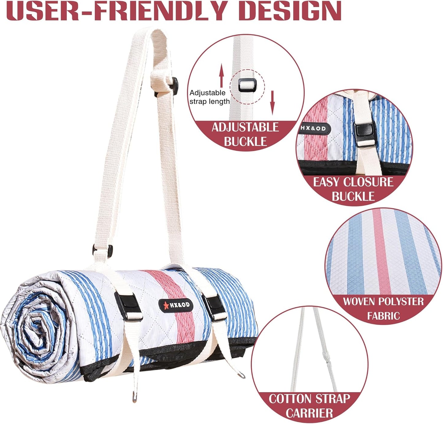 Waterproof Picnic Mat, Outdoor Camping Oversized Field Blanket. Portable Thickened Camping Blanket, Suitable for Beach, Camping, Music Festival, Party, Outdoor Adventure. (Red&Blue&White, 80”x80”)