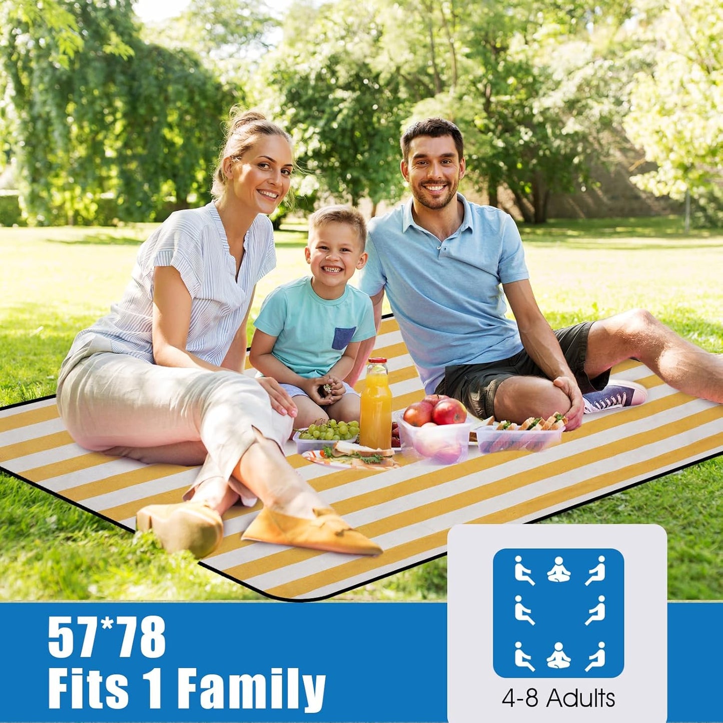 Outdoor Picnic Blankets Waterproof Large, Sandproof Backing Portable for Family, Friends, Kids, Picnic Mat Machine Washable for Camping Party, Grass, Beach Park, Playground(Butter Yellow)