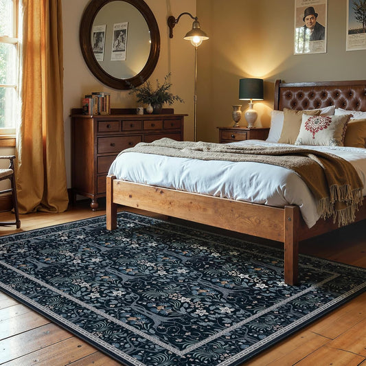 Joydeco Machine Washable Area Rugs 5x7, Boho Floral Rug for Bedroom Non Slip, Soft Forest Botanical Low-Pile Floor Indoor Throw Carpet for Living Dining Room Dorm Office, Blue-Black