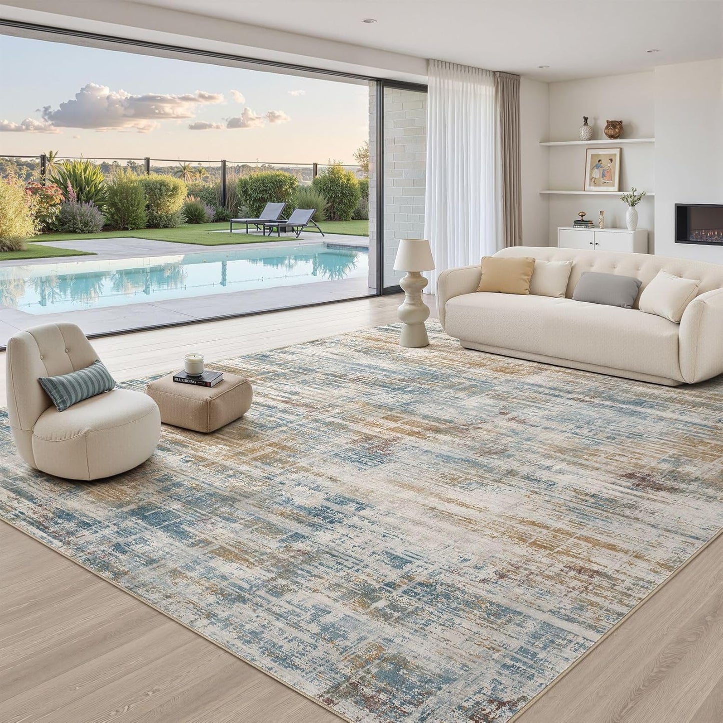 Area Rug for Living Room: 12x15 Washable Neutral Abstract Modern Soft Rugs Non Slip Indoor Floor Stain Resistant Large Carpet for Bedroom Dining Room Office Nursery - Blue Brown