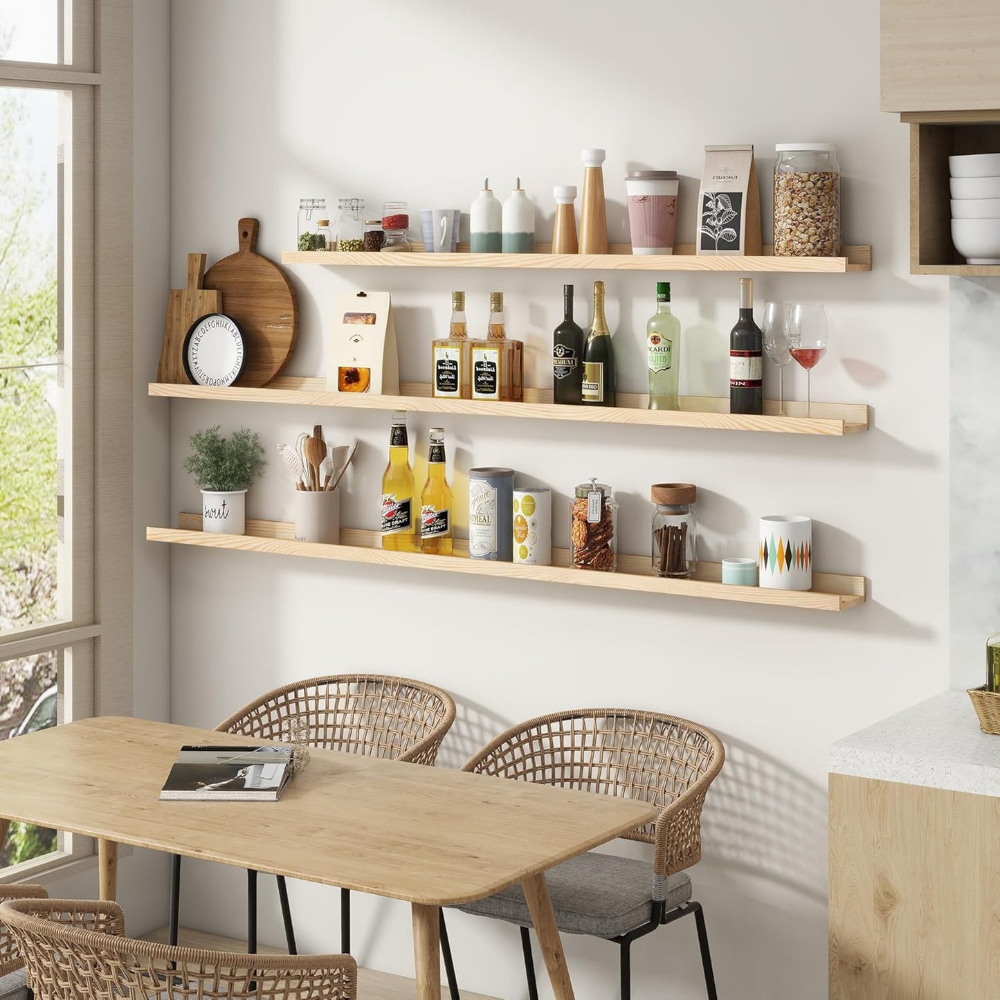 Picture Ledge Shelf for Wall, 36 inch Solid Pine Wood Nursery Book Shelves 2 Packs, Floating Ledge Shelves for Kids' Room Bedroom Bathroom Living Room Photo Frames Office Nursey Wall Decor, Natural