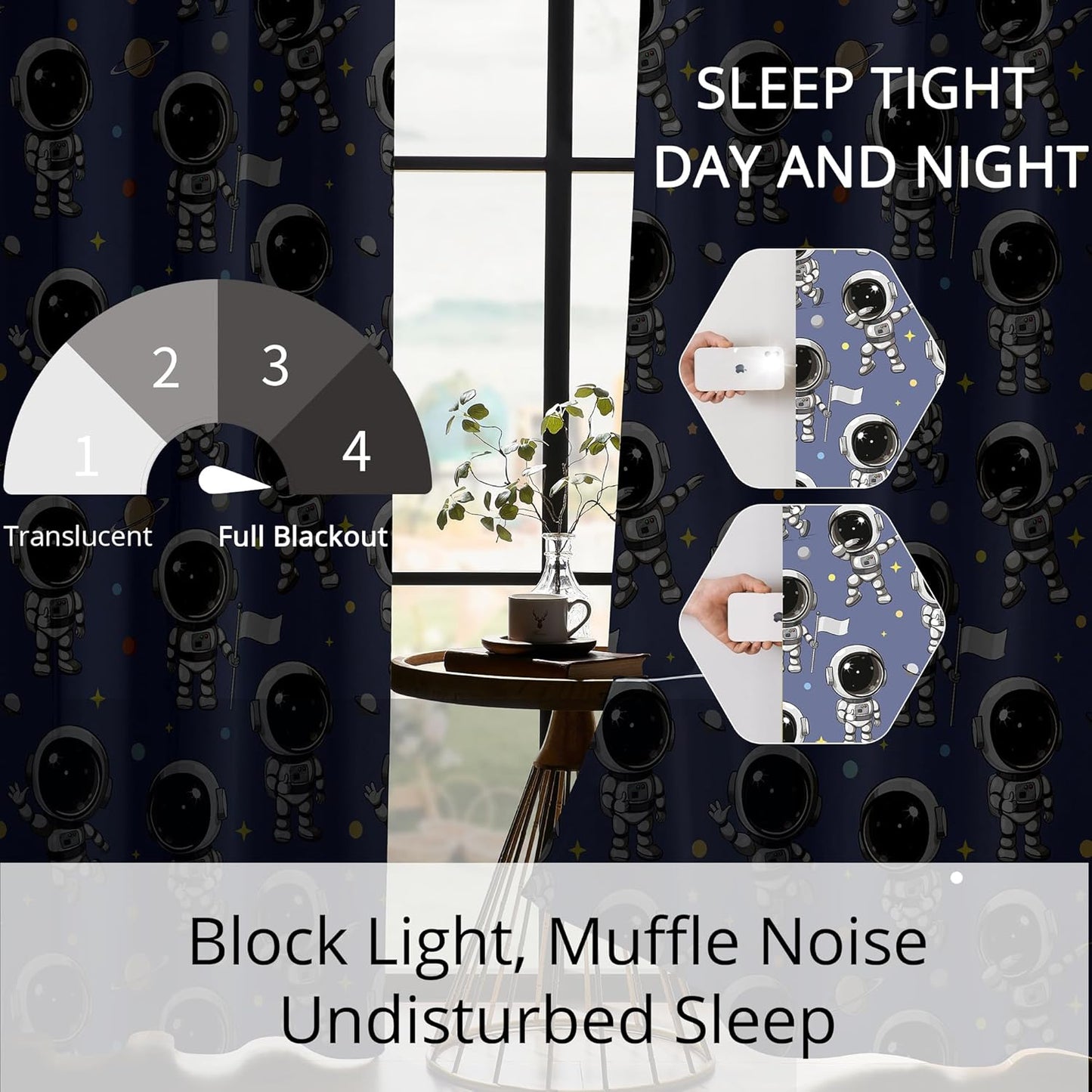 Kids Space Astronaut Blackout Curtains - 100% Blackout, Thermal Insulated, Noise Reducing, Perfect for Kids Room and Nursery, 2 Panels (Spacewalk Buddies, W52×L63)