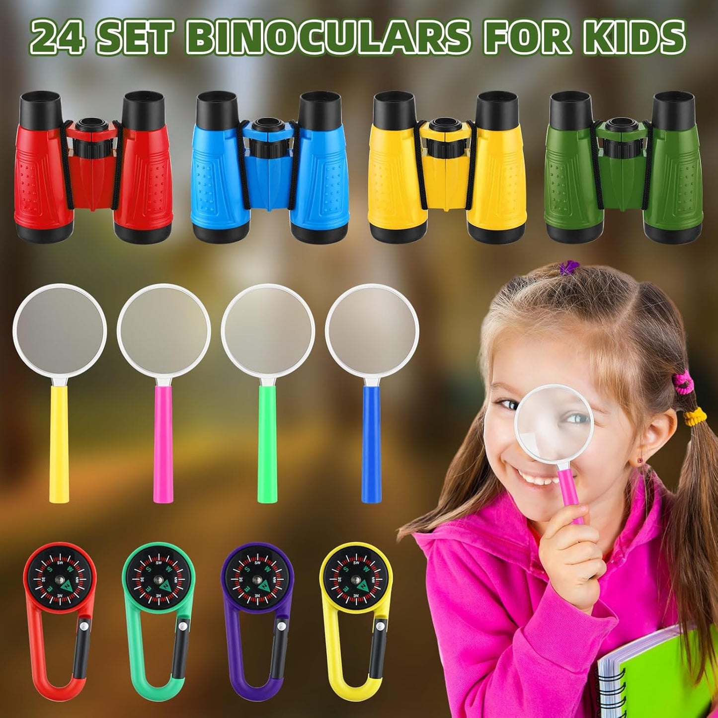 Wettarn 24 Pack Kid Mini Compact Binocular Compass Magnifying Glass Set for 3-12 Years Boy Girl Toddler Small Telescope Binocular for Kid Bird Watching Camping Hiking Exploring Outdoor Play