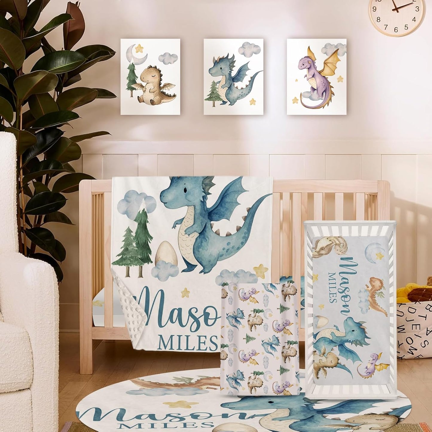 Personalized Baby Crib Bedding Set for Baby Boys Girls, Blue Dinosaur Design Custom Name Baby Crib Sets 5-Pcs, Toddler Double Layer Blanket Fitted Sheets Changing Pad Cover Rug Wall Art Set