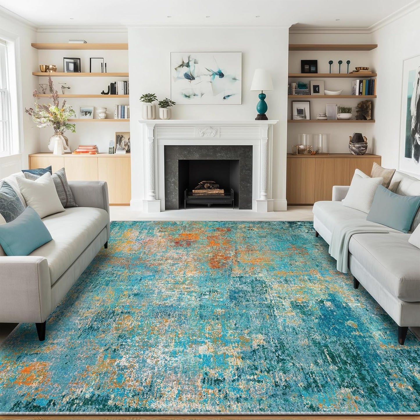 Washable Area Rugs 5'x7' Non-Slip Modern Abstract Soft for Living Room Entryway Bedroom Nursery, Print Pattern, Teal Blue Green Orange Rust Red Colorful