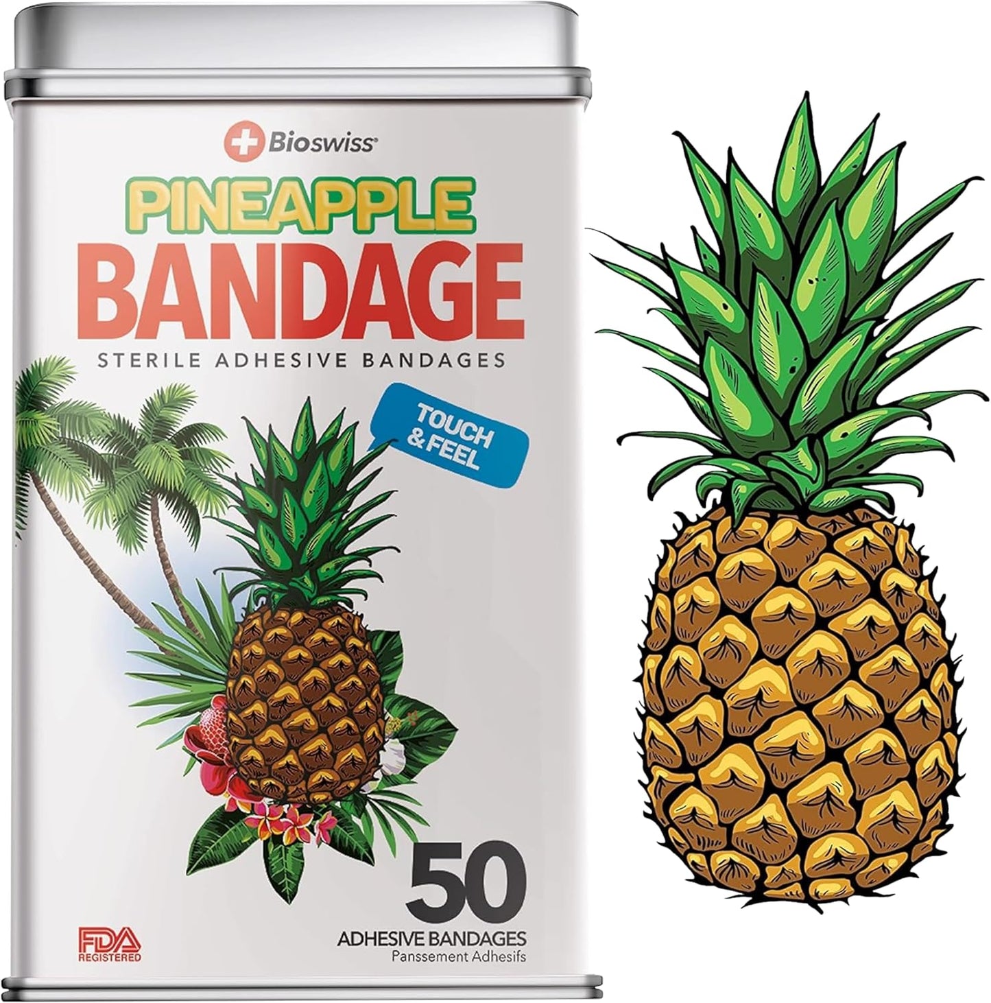 BioSwiss Bandages, Pineapple Shaped Self Adhesive Bandage, Latex Free Sterile Wound Care, Fun First Aid Kit Supplies for Kids, 50 Count