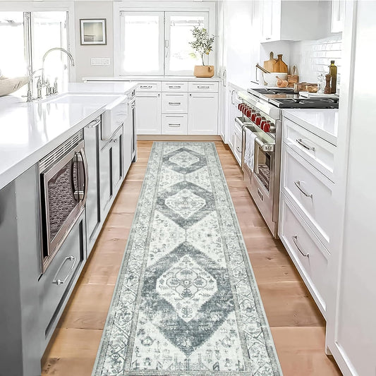 Lahome Boho Washable Kitchen Runner - 2x10 Extra Long Stain Resistant Non-Slip Stair Rug Lightweight Throw Floor Oriental Distressed Print Runner for Bedroom Entryway