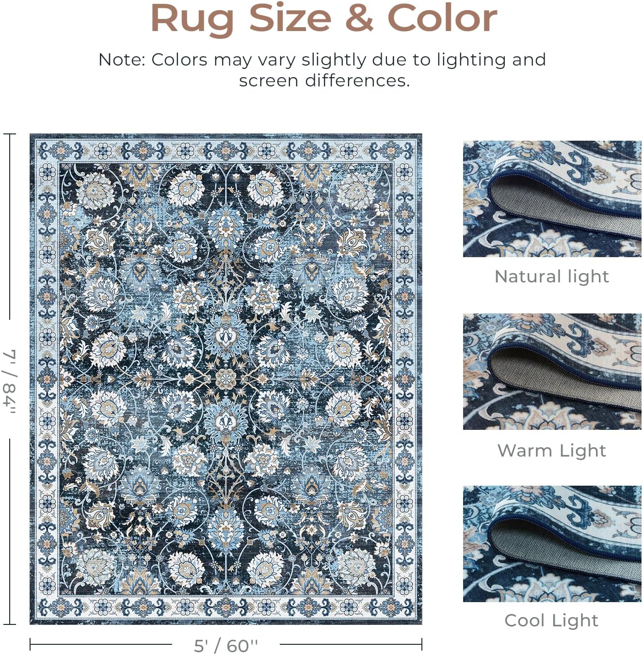 Floral Washable Area Rugs 5x7, Vintage Rug for Living Room, Large Bedroom Carpet, Non Slip Low Pile Ultra Soft Carpets for Indoor Dining Home Nursery Playroom Under Table, Blue Garden