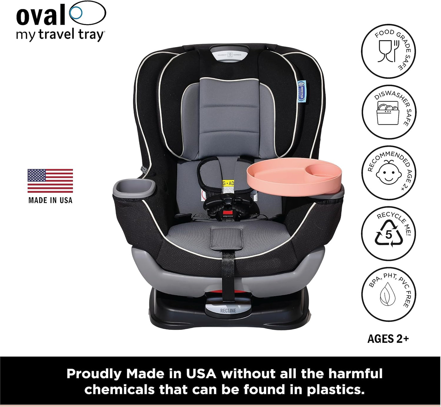 Travel Tray Oval USA Made Extend Your Current Cup Holder to Hold Your Cup Plus A Tray for Snacks, Toys and Accessories. Use in a Car Seat, Booster, Stroller, Golf Cart, Outdoor Chair, (Peach)