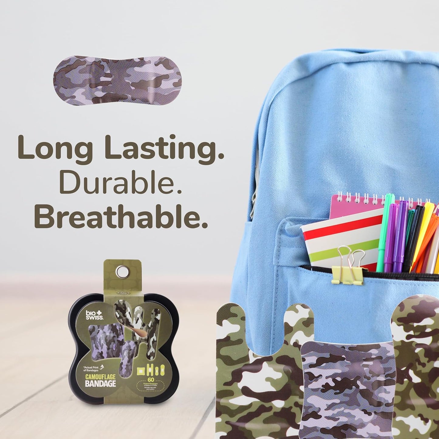 BioSwiss Bandages, Assorted Size Camoflauge Print Self Adhesive Bandage, Latex Free Sterile Wound Care, First Aid Kit Supplies for Kids and Adults, 60 Count