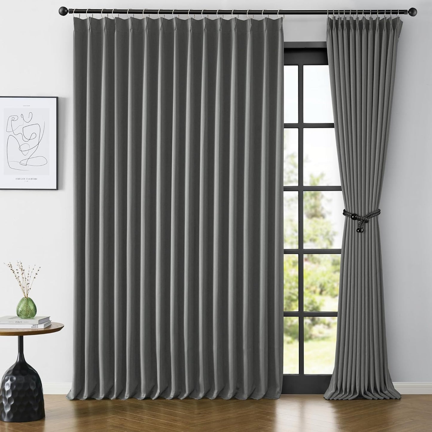 KEQIAOSUOCAI Extra Wide Blackout Curtains 102 Inches Long, Pinch Pleated Curtain for Sliding Door/French Door Room Divider Panels for Living Room 100 Inch Width 100x102 Grey