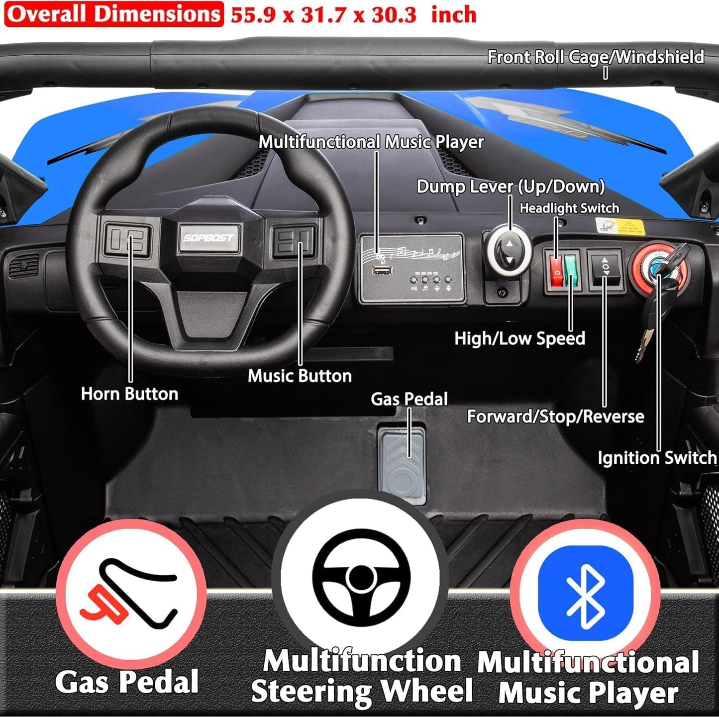 sopbost 24V 10Ah 2 Seater Ride On Car with Remote Control Battery Powered Ride On Toy Electric 4x4 Kids UTV with Large Dump Bed, 4x75W Motors, Blue