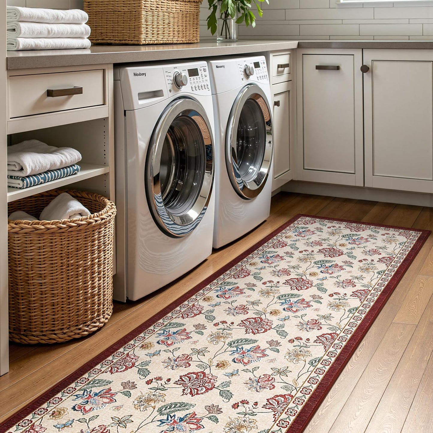 jinchan 3x8 Floral Runner Rug for Hallway Washable Kitchen Runner Vintage Romance Design Non Slip Thin Indoor Floor Cover Low-Profile Throw Carpet for Entryway Bathroom Bedroom Porch, Red/Beige