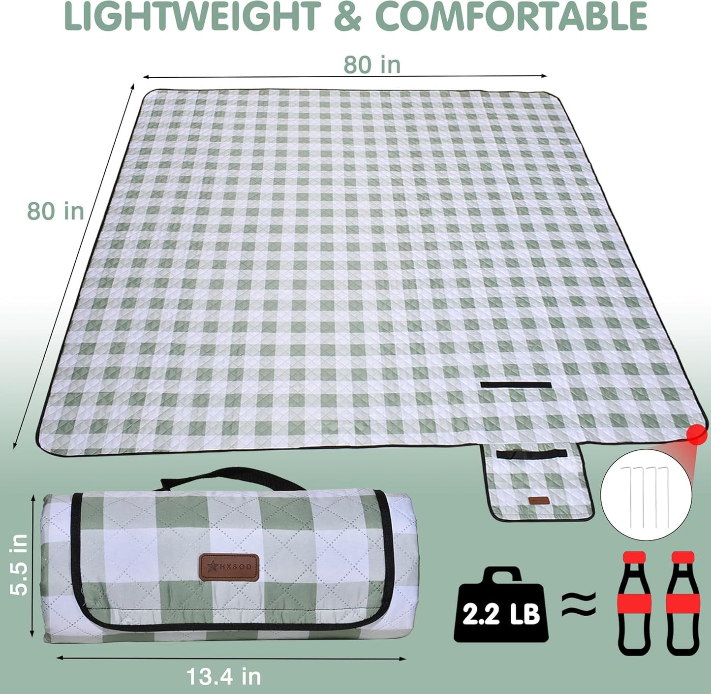HX&OD Outdoor Picnic Blanket, Extra Large, 80''x80'' Waterproof Foldable Blankets Gingham Picnic Mat for Beach, Camping Grass Lawn Park Accessories Cute Couple Ideas Wedding (Green, 80”x80”)
