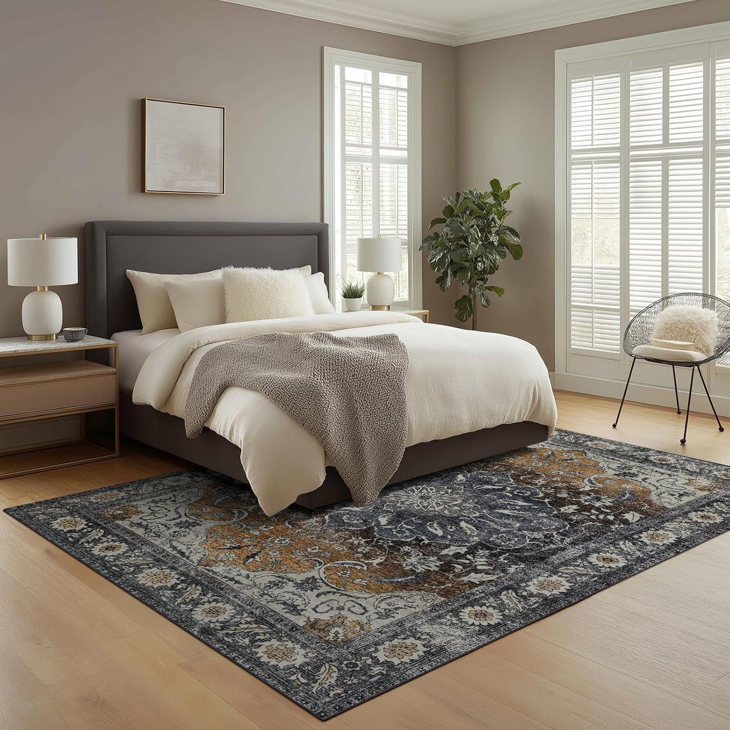 Washable Area Rugs 8x10, Large Rugs for Living Room, Carpet for Bedroom, Soft Faux Wool Retro Dining Room Rug, Non-Slip Backing Resistant Low Pile Vintage Print Rug for Home Office (Tan/Gray)