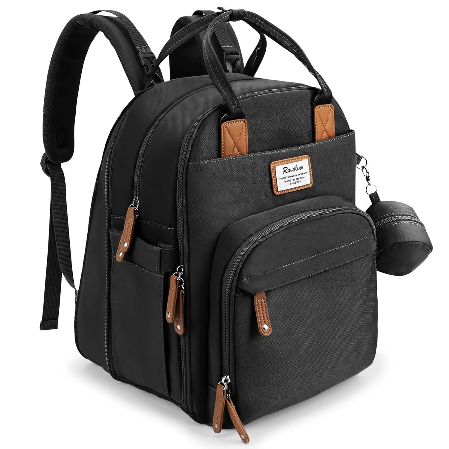 RUVALINO Diaper Bag Backpack-Expandable Baby Bag with up to 50% Capacity -Baby Essentials Bag with Changing Pad Insulated Bottle Holders & Pacifier Case, Waterproof, Black XL