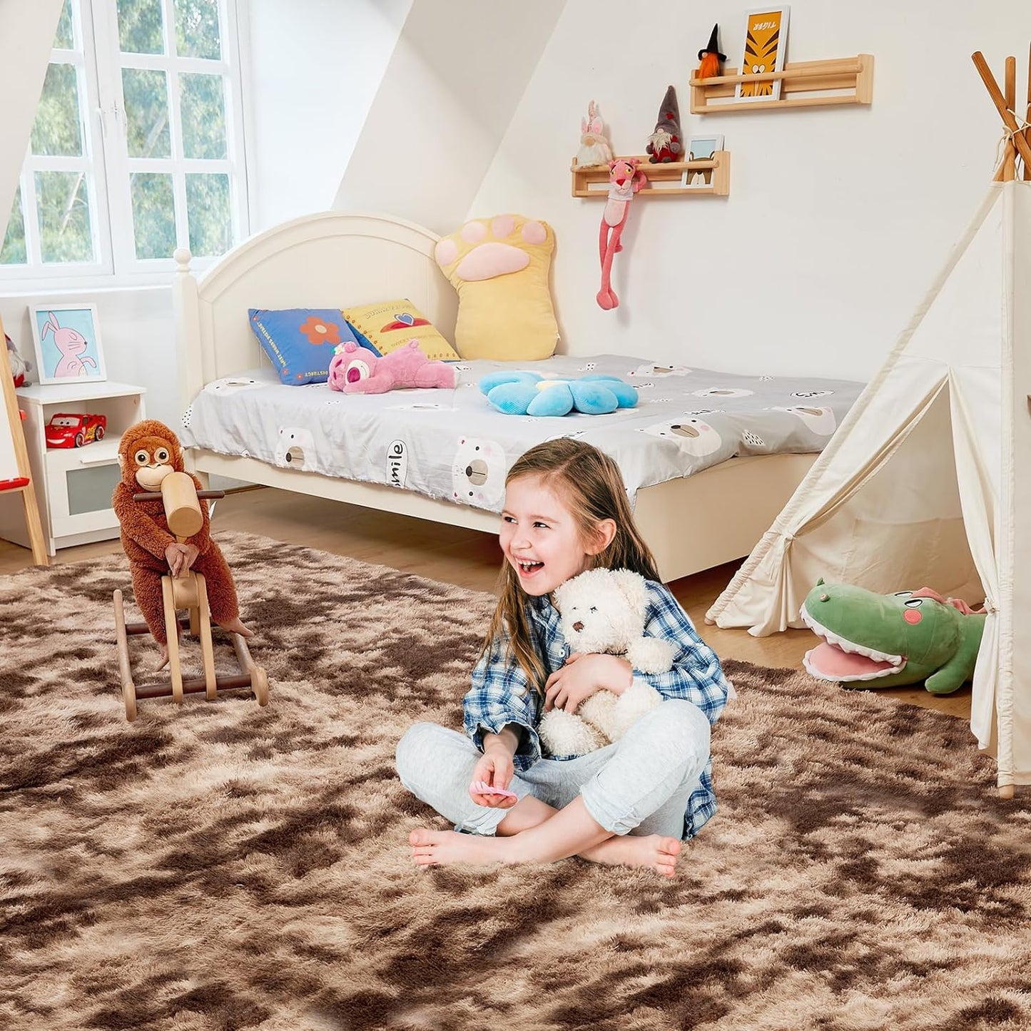 Ultra Soft Rug for Living Room, 8X10 Tie-Dyed Coffee Fluffy Shag Area Rug for Bedroom, Modern Shaggy Carpets Fuzzy Rug for Teens Dorm Nursery Home Decor Aesthetic, Upgrade Anti-Skid Durable