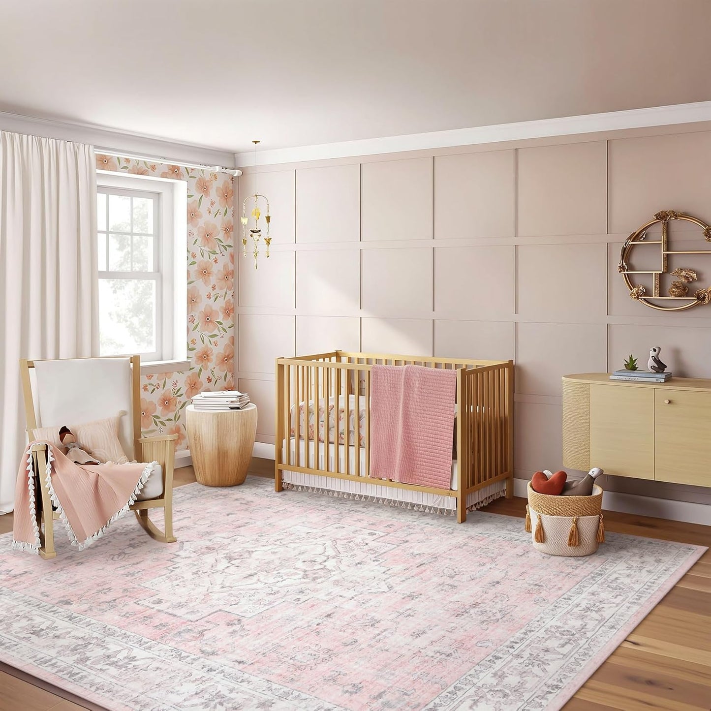 LIVEBOX Pink 8x10 Area Rug for Bedroom Girls, Boho Washable Rugs for Living Room Nursery, Non-Slip Indoor Soft Carpet Low-Pile Farmhouse Carpets for Dining Room Kids Playroom, Pink