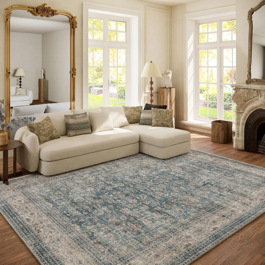 Machine Washable Living Room Rug: 6x9 Area Rugs for Bedroom Vintage Stain Resistant Non Slip Low Pile Lightweight Boho Carpet for Kitchen Dining Room Farmhouse Kids Room Nursery