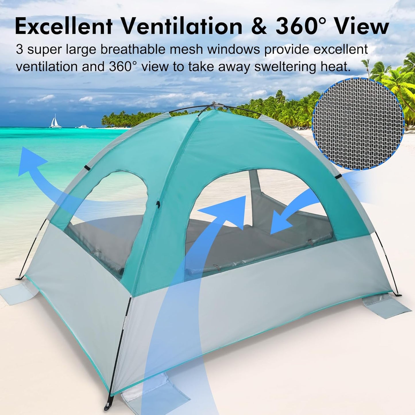 WhiteFang Beach Tent Anti-UV Portable Sun Shade Shelter for 3/4/6/8 Person, Extendable Floor with 3 Ventilating Mesh Windows Plus Carrying Bag, Stakes and Guy Lines