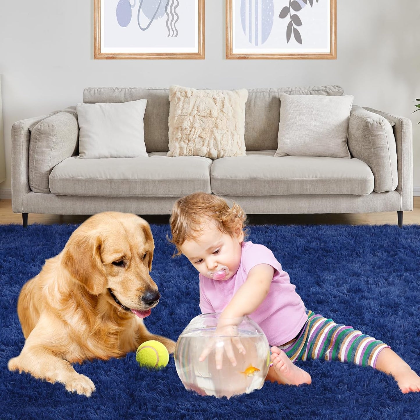 Soft 9x12 Blue Rug, Fluffy Area Rugs for Living Room, Plush Navy Area Rugs for Bedroom, Non-Slip Indoor Carpet for Nursery, Study Room, Kids Room, Room Decor