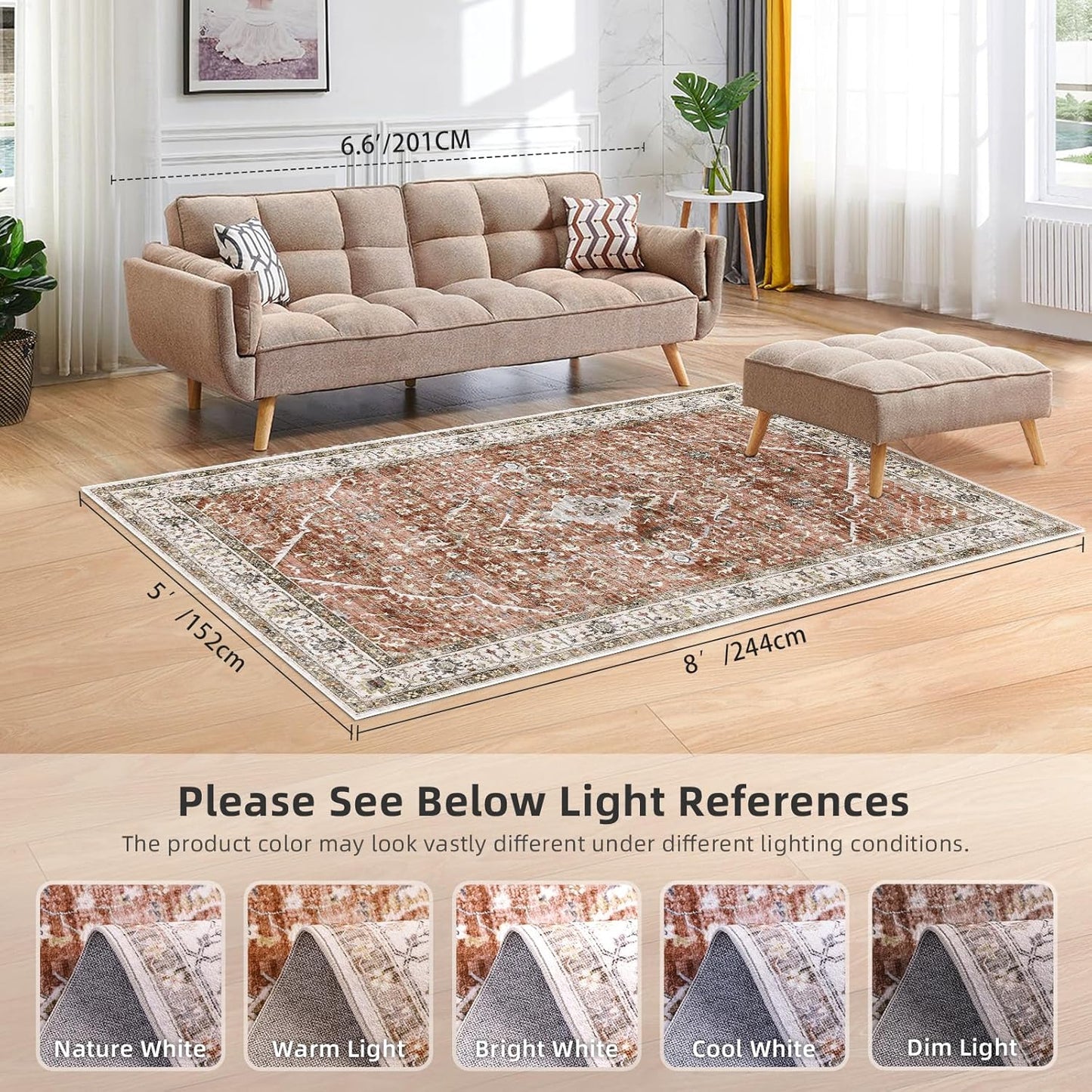 Deerly Large 5x8 Rugs for Dining Room Machine Washable Rugs Boho 5x8 Rug for Living Room Carpet Non-Slip Family & Pet Friendly Area Rugs Print Floor Rug(Border Brick Red 5x8ft)