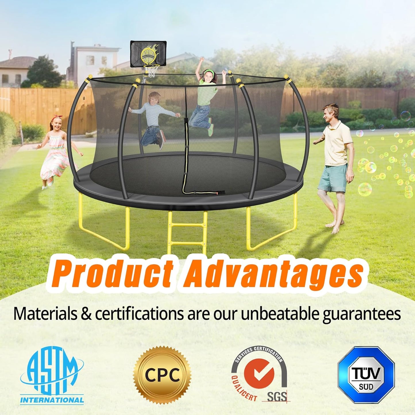 10FT 12FT 14FT 16FT Pumpkin Trampoline for Kids Adults, ASTM Approved Outdoor Recreational Trampoline with Basketball Hoop, Enclosure Net, Yellow