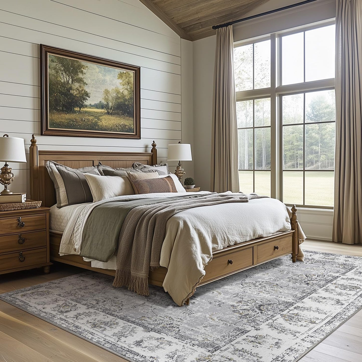 jinchan 9x12 Area Rugs for Living Room - Machine Washable Vintage Floral Distressed Design Stain Resistant Carpet Low Pile Non-Slip Large Rug for Bedroom Dining Room Home Office (9‘x12',Grey)