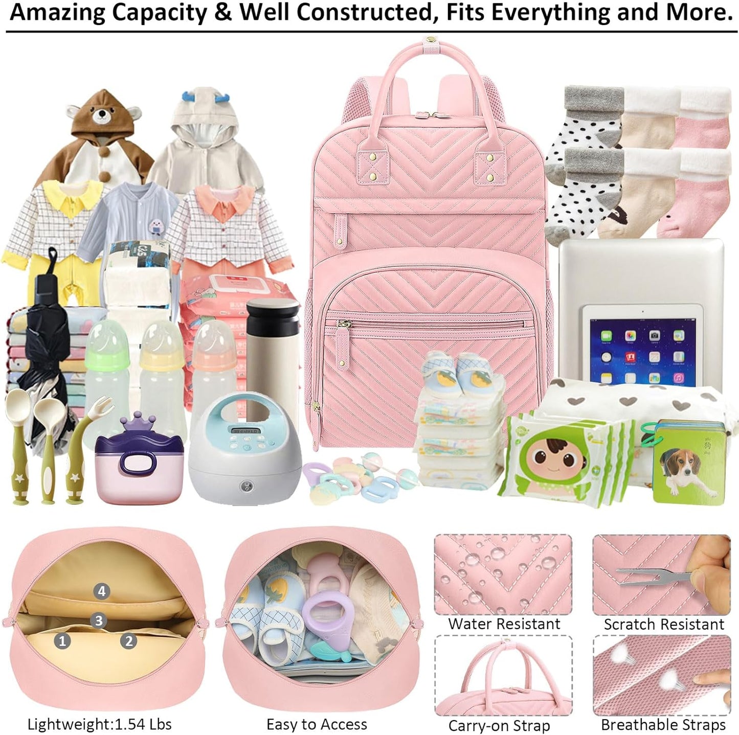 Diaper Bag Backpack Tote for Women Large Capacity, Baby Bag with Insulated Pockets Multifunctional Diaper Bags For Baby Girl Boy Waterproof Baby Bags For Boys Girls Maternity Bag Baby Pink